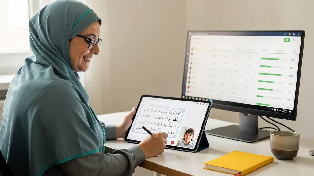 A teacher provides personalized feedback on pronunciation during a private online Tajweed class.