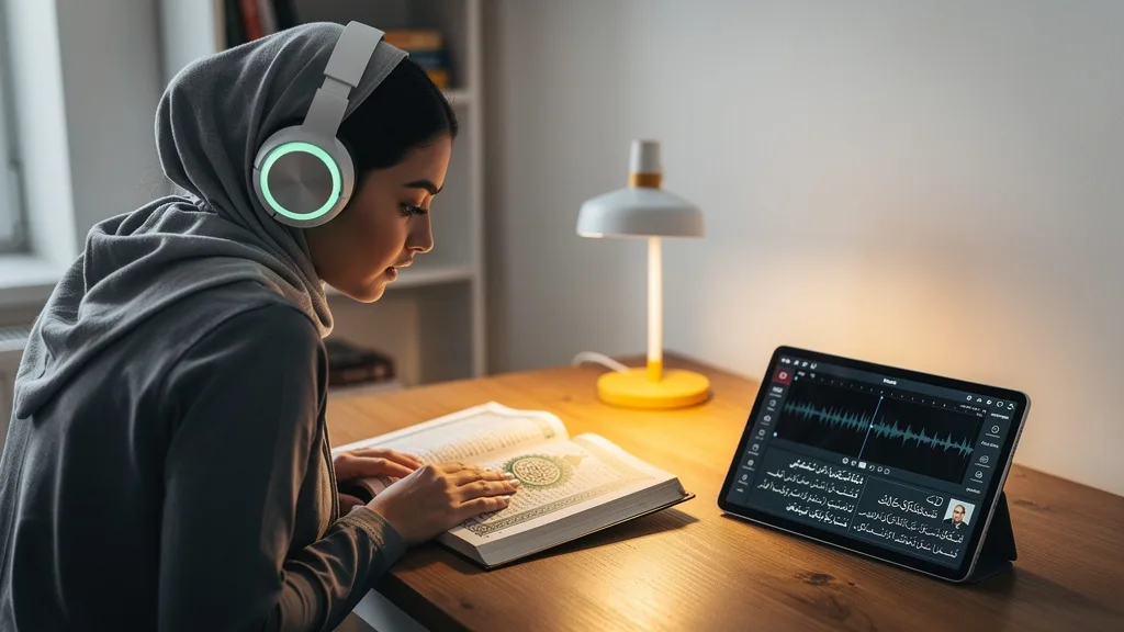 A learner focuses intently while listening to a professional Quran recitation through headphones.