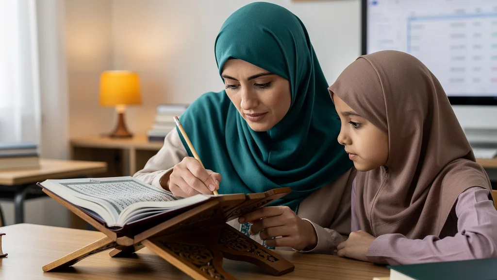A Quran teacher carefully points out a verse to a student, emphasizing a point about recitation.