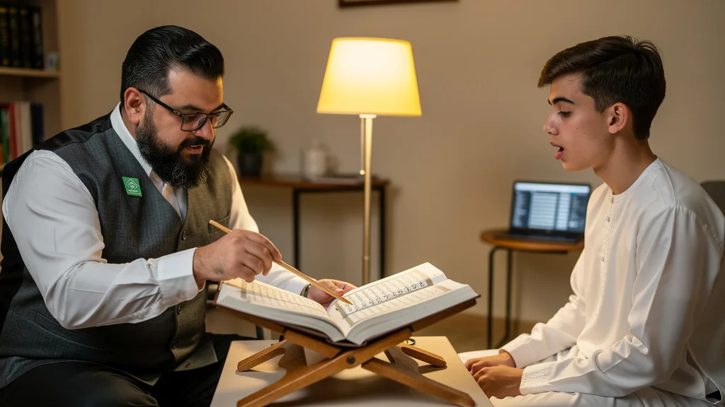 A female Quran teacher conducting a one-on-one online lesson via video call.