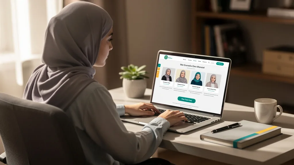 A woman researching and vetting an online Quran academy on her laptop to find a qualified teacher.