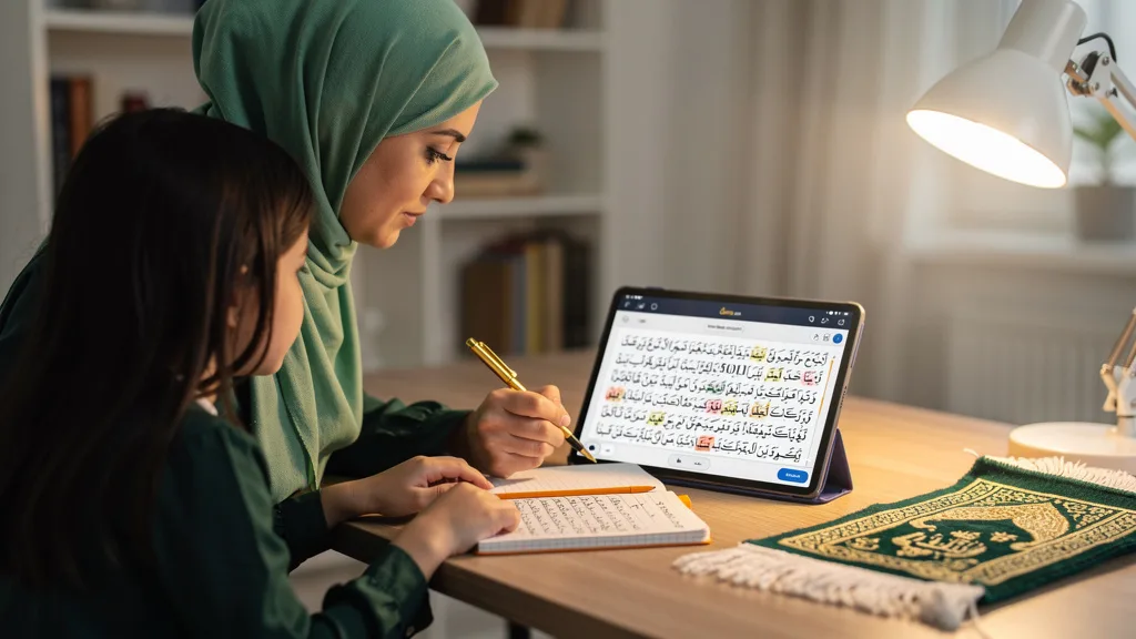 Click to manage / replace image A student receives detailed feedback on her Quranic recitation from her online teacher.