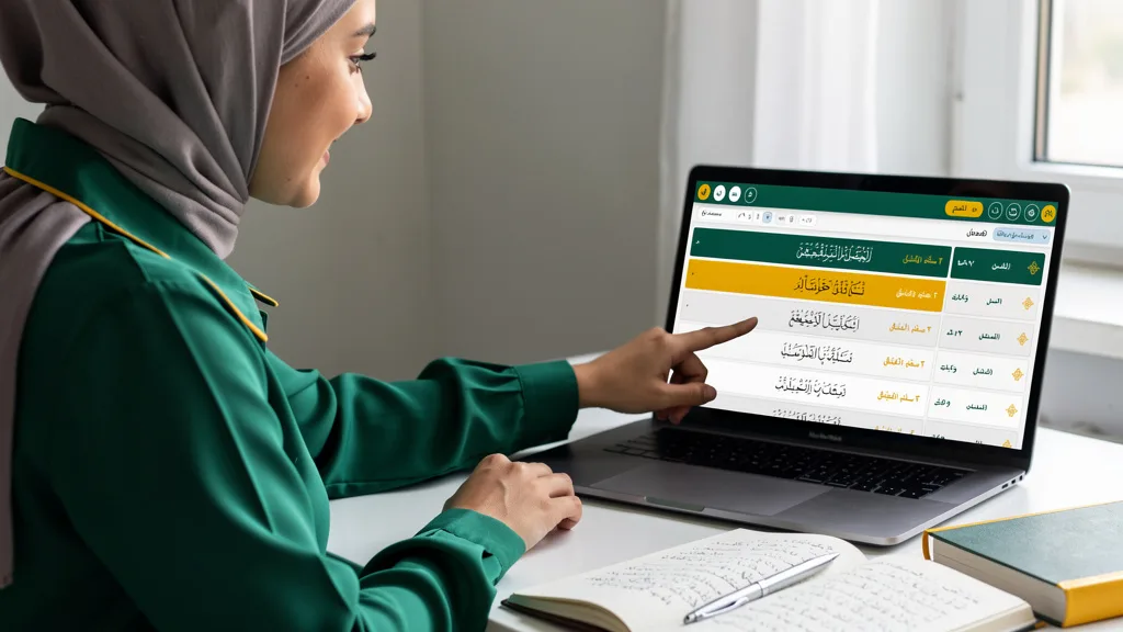 A teacher points to a verse in the Quran during a one-on-one online lesson.