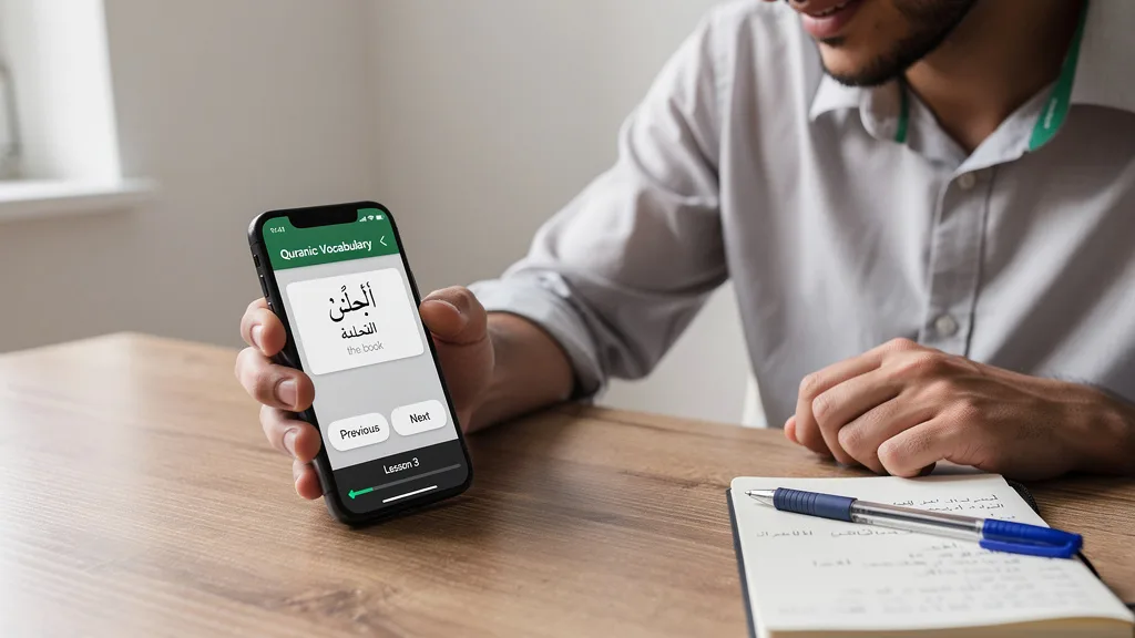 A smartphone screen showing a Quranic Arabic vocabulary app with flashcards.