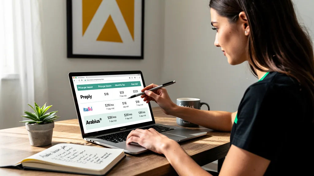 Click to manage / replace image A user comparing the costs of Preply, italki, and Arabius for Arabic lessons on a laptop.