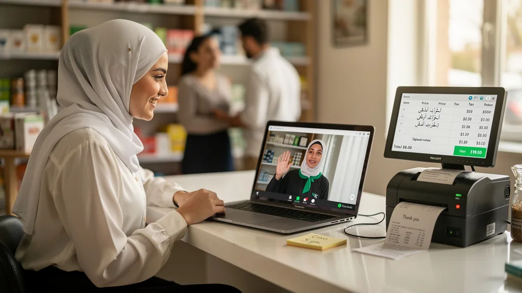 A student receiving personalized feedback from her female Tajweed teacher online.
