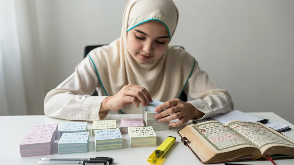 A student using a manual spaced repetition system with flashcards to revise Quran verses.