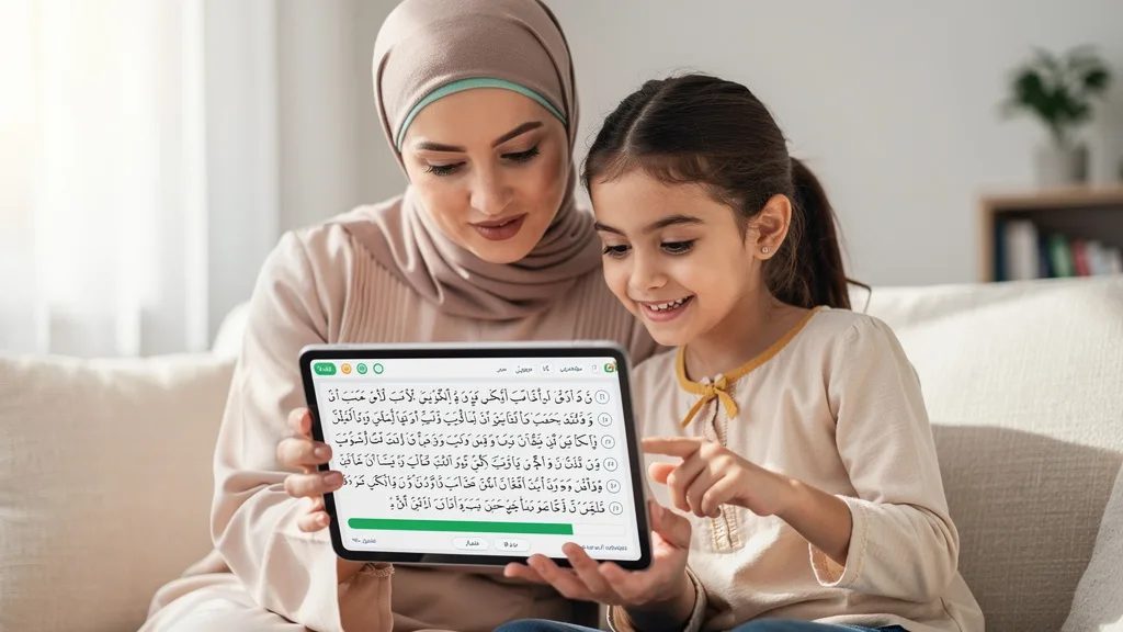 Click to manage / replace image A mother and daughter discuss online Hifz goals while looking at a tablet together.