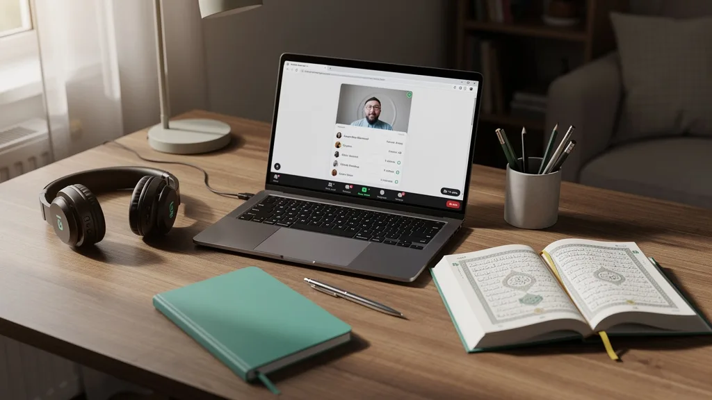 A comfortable home setup prepared for an effective online Quran class with a laptop and headset.