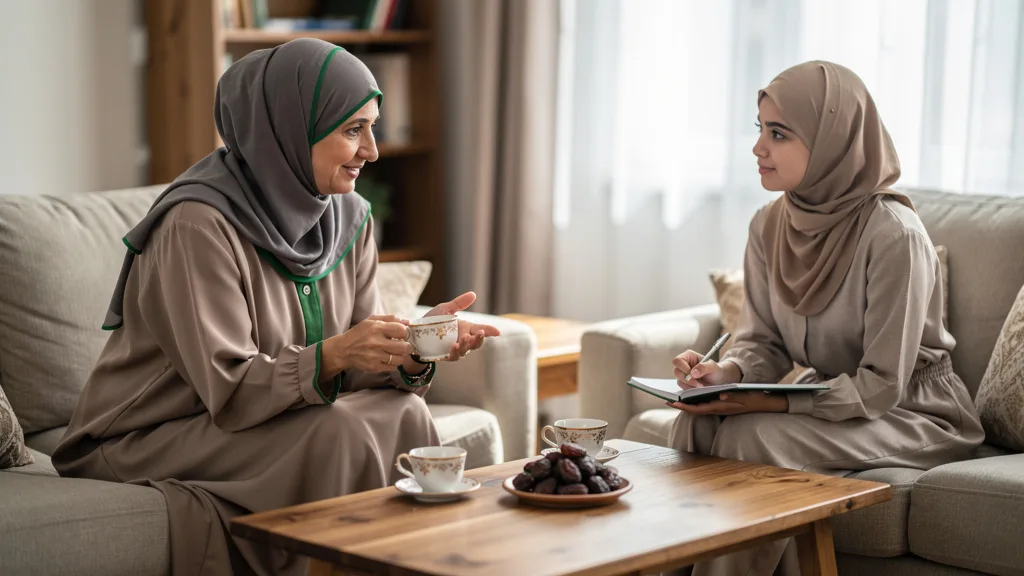 A female Hafiza providing mentorship and support to her student in a relaxed setting.
