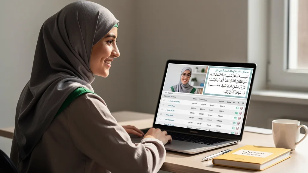 A student and teacher smiling during an online Quran class, showing good rapport.