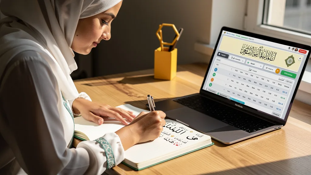Click to manage / replace image A student taking detailed notes on Tajweed rules during her online Quran trial lesson.