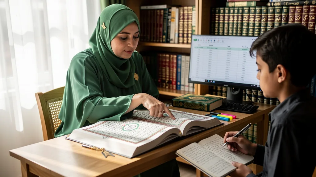 A student receiving feedback on common recitation mistakes from her online female Quran teacher.