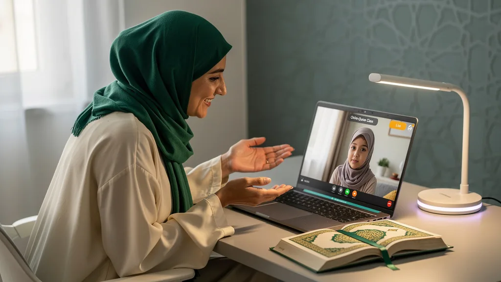 A female Quran teacher providing one-on-one instruction to a young girl via a video call.
