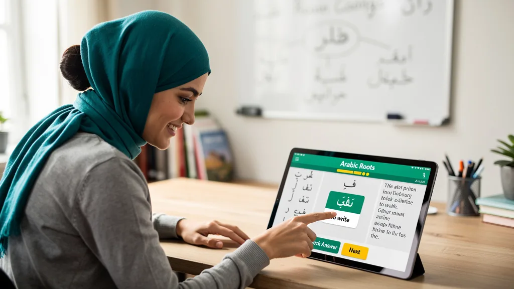 A user engaging with an interactive root word exercise on the Salaam Quranic Arabic app.