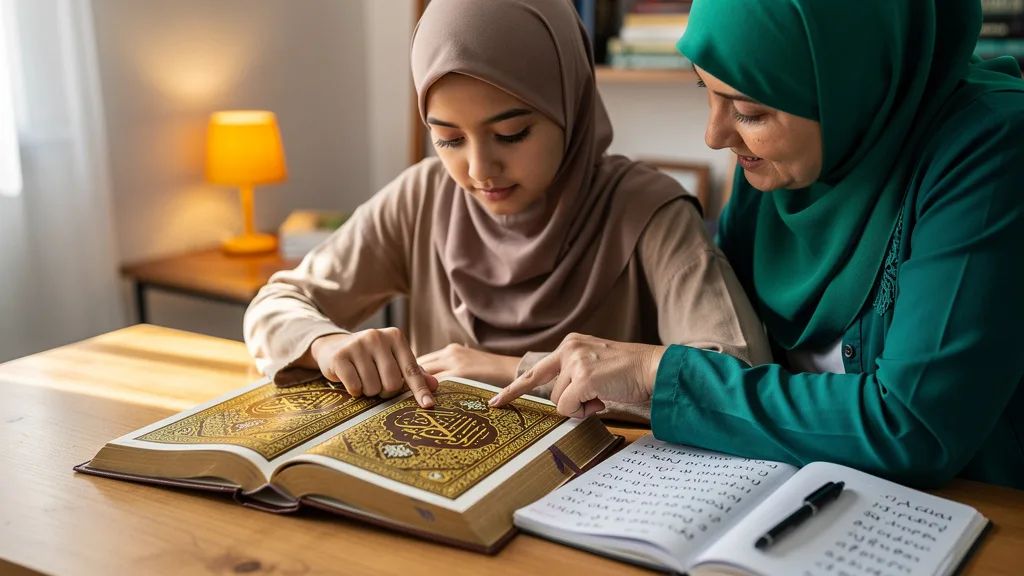A student carefully studying the rules of Tajwid in the Quran.