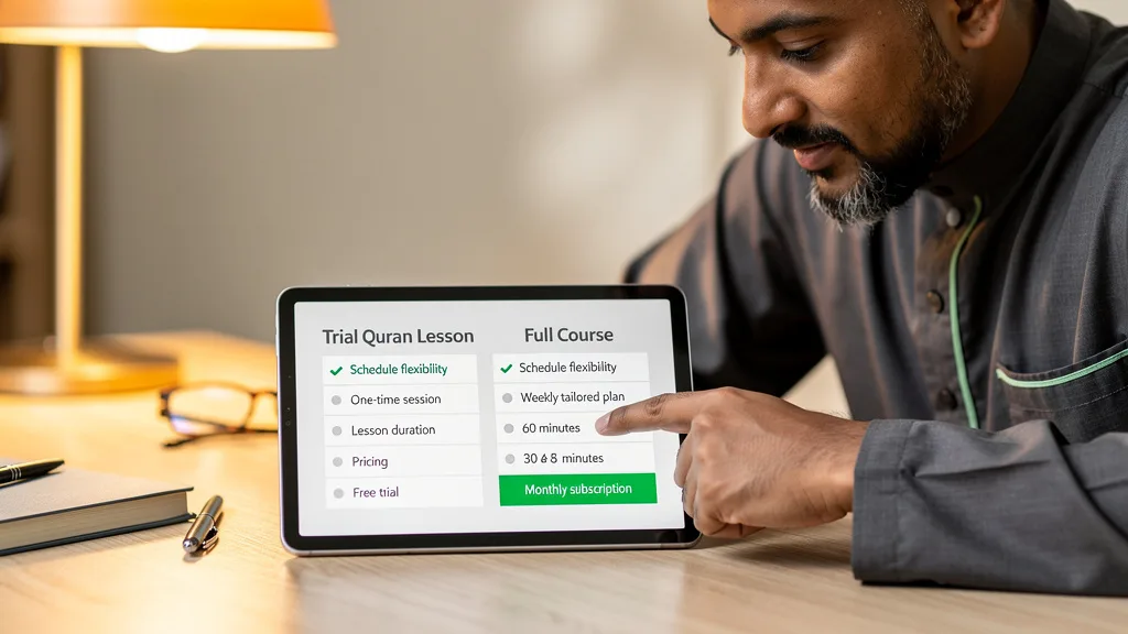 Click to manage / replace image A comparison table outlining the key differences between a trial Quran lesson and a full course.
