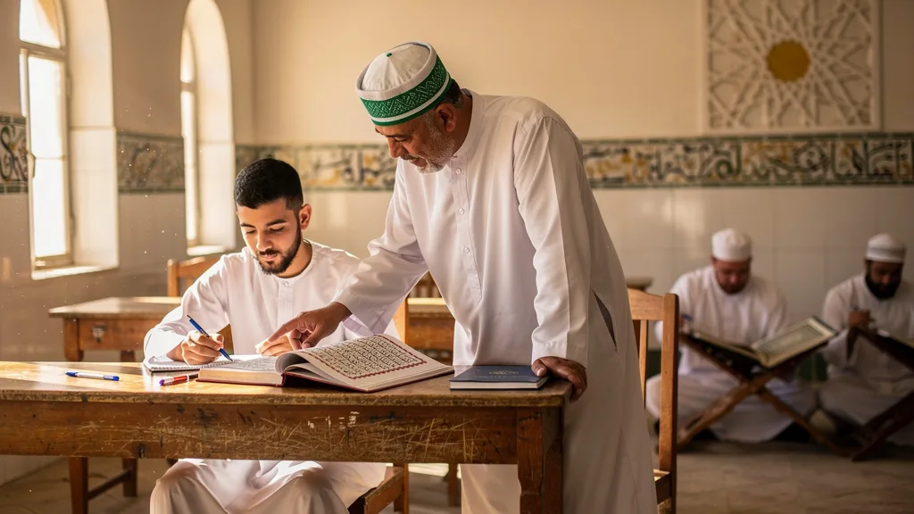 Click to manage / replace image A desk filled with books on Tafsir and Quranic sciences, illustrating the in-depth study required at Al-Azhar.