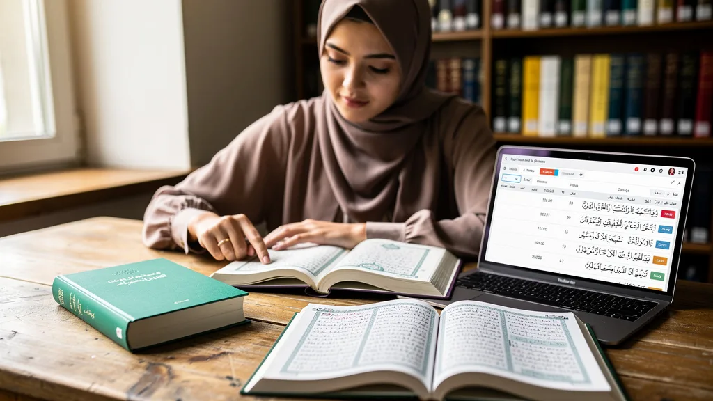 A woman studying the Quran in a library, contemplating its deeper meaning.