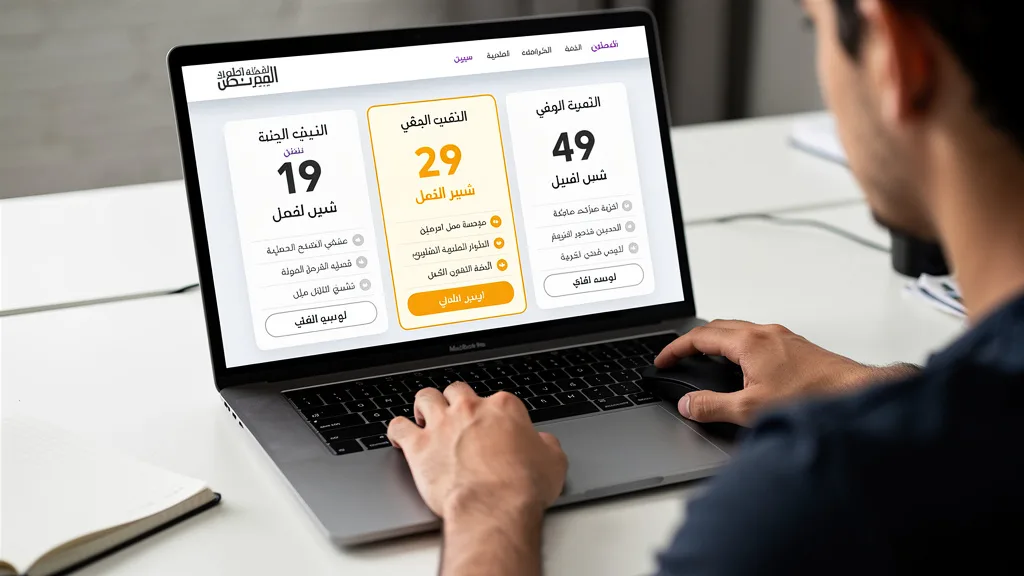 Click to manage / replace image A comparison of different online Arabic course subscription plans on a laptop screen.