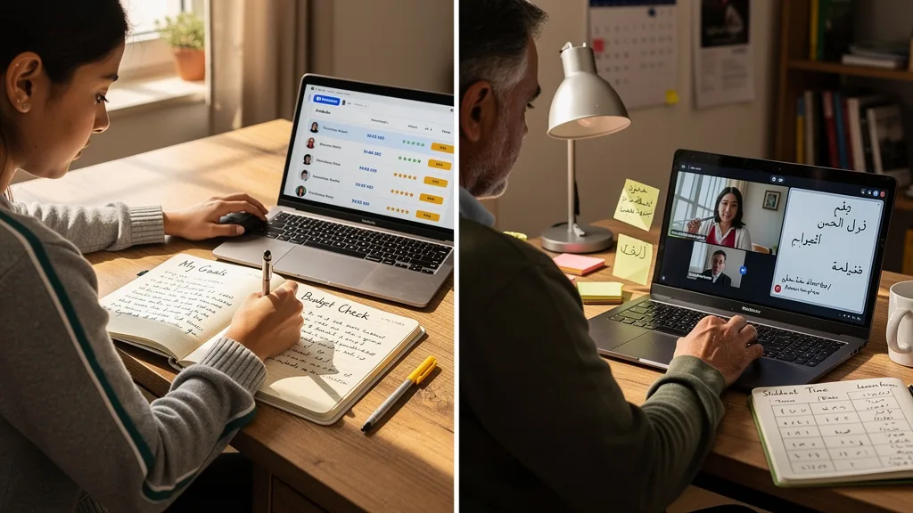 Click to manage / replace image A student setting her budget and filtering for an affordable and qualified Arabic tutor online.