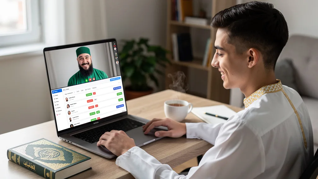 A student having an initial consultation call with a potential online Quran teacher via video chat.