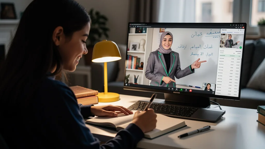 A female student receiving personalized instruction from a teacher during an online Arabic class.