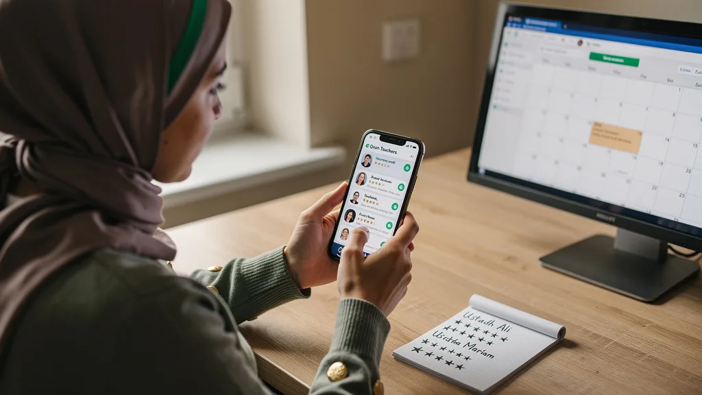 Click to manage / replace image A woman vetting a potential Quran teacher online by reading reviews and checking ratings on her smartphone before booking a trial.
