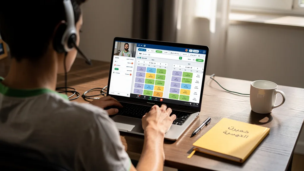 A student is in a video call on their laptop with their Arabic tutor