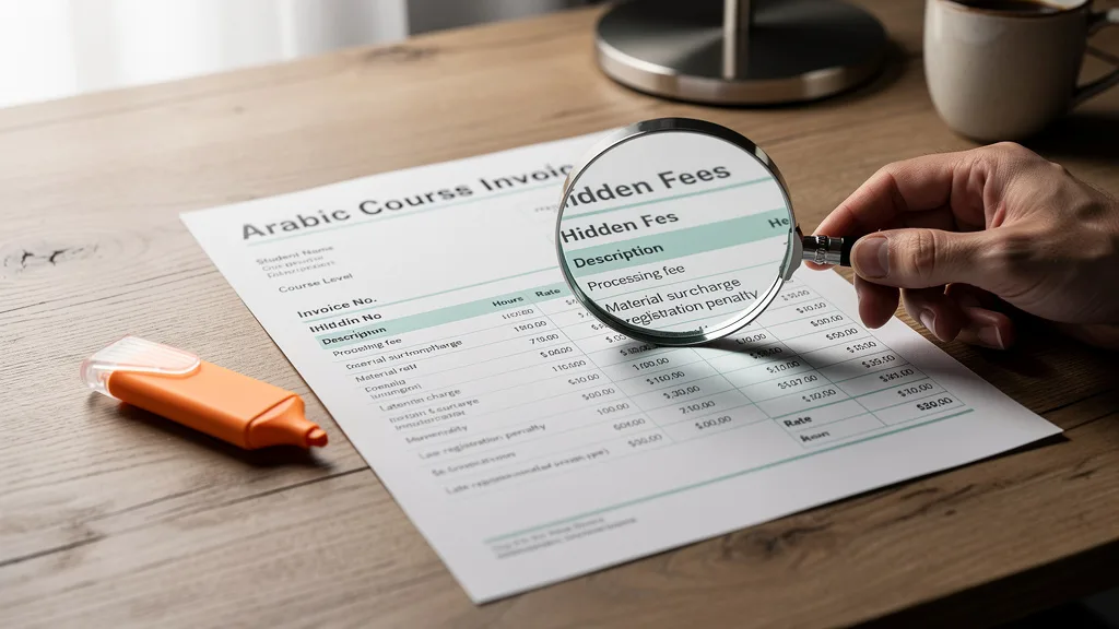 A magnifying glass highlights the hidden fees section on an Arabic course invoice.
