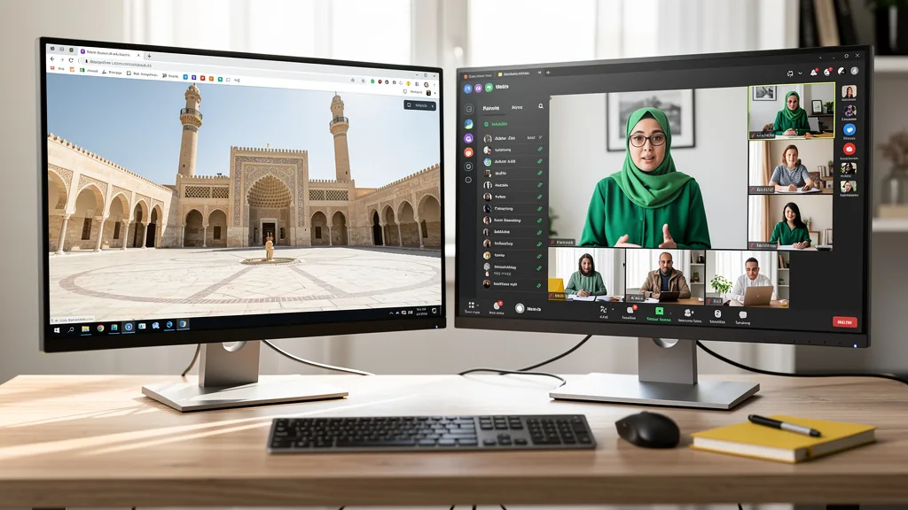 A comparison of Al-Azhar University on one screen and an online Quran class on another.