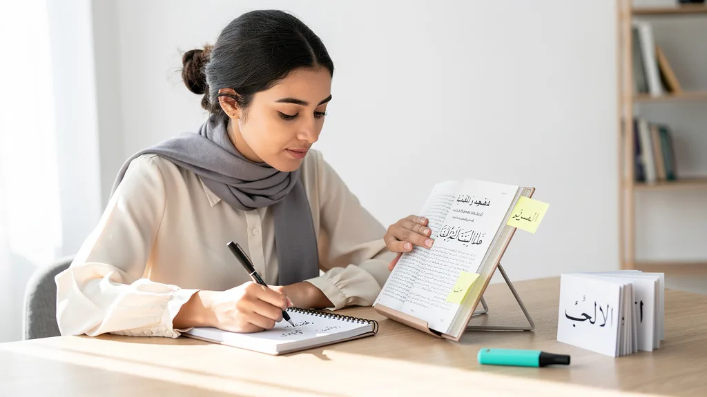 A student building her Quranic Arabic vocabulary by writing down common words.