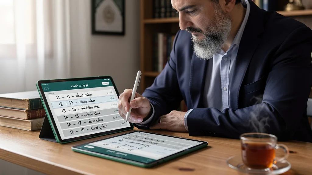 Click to manage / replace image A lesson on Arabic numbers 11 through 19 displayed on a tablet screen.