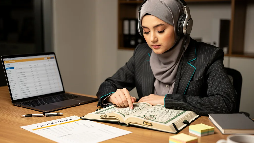 A woman listening carefully to a Quran recitation on headphones to improve her own Tajweed.