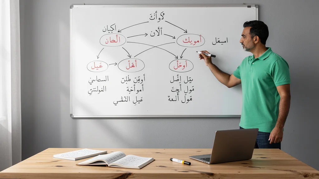 Click to manage / replace image A whiteboard explaining Arabic grammar rules like Nahw and Sarf with a sentence diagram.