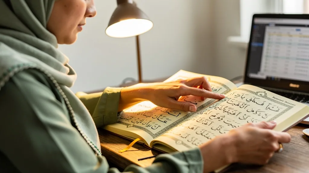 A teacher explaining the rules of Noorani Qaida from a book.