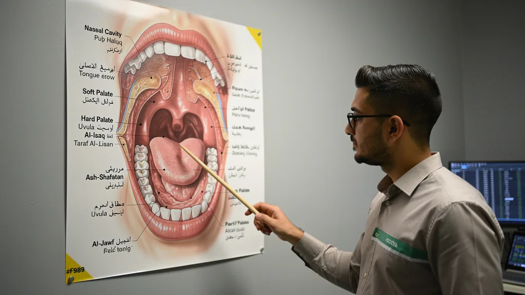 Click to manage / replace image Diagram showing the points of articulation (Makharij) in the mouth and throat for Arabic letters.