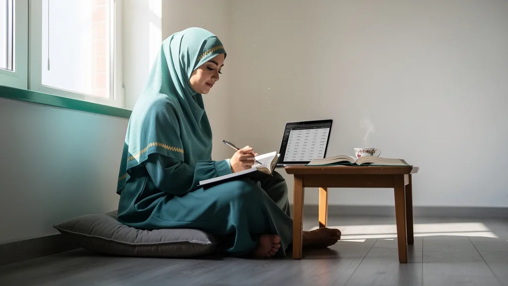 A woman practicing self-reflection and journaling as part of her spiritual journey to control the nafs.