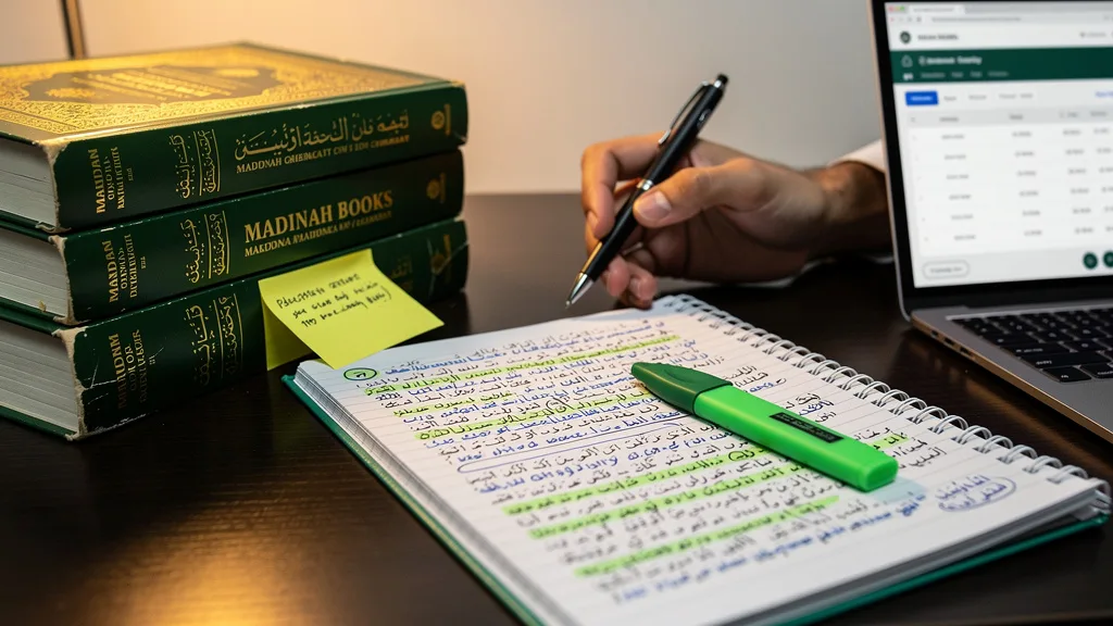 A stack of the Madinah Books series next to a notebook filled with Arabic grammar notes.