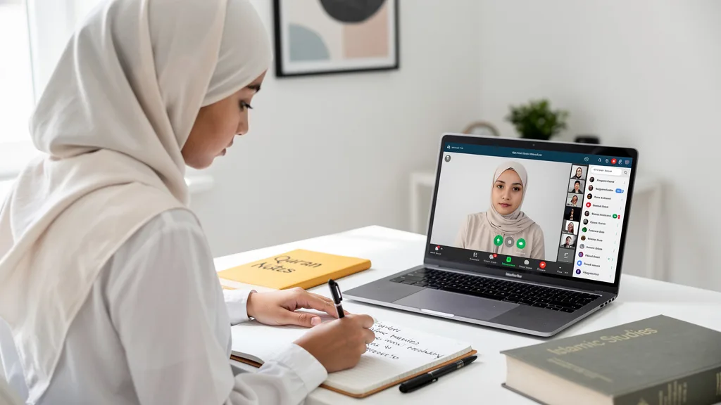 A female student engaged in a one-on-one online Quranic Arabic class with a teacher on her laptop.