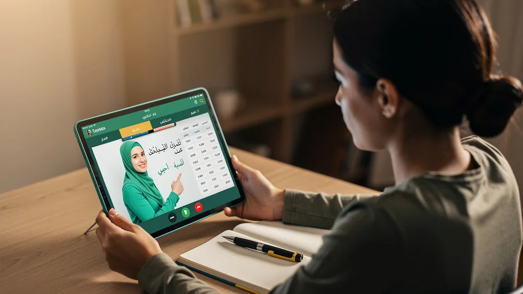 A student engages in a private online Arabic lesson with a teacher on a tablet.