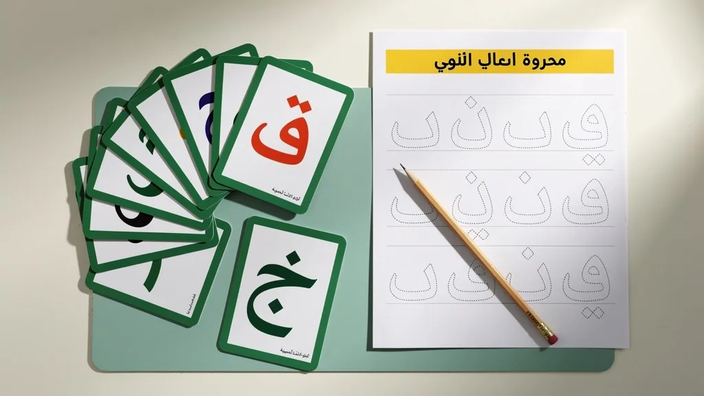 Click to manage / replace image Arabic alphabet flashcards and a practice worksheet neatly arranged on a desk for effective learning.