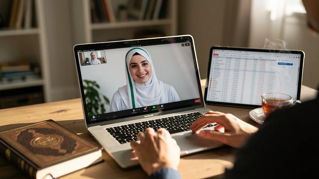 Click to manage / replace image A female Quran teacher smiles warmly on a laptop screen, creating a supportive atmosphere.