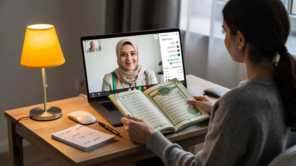 A female Quran teacher providing one-on-one guidance to a student via video call.
