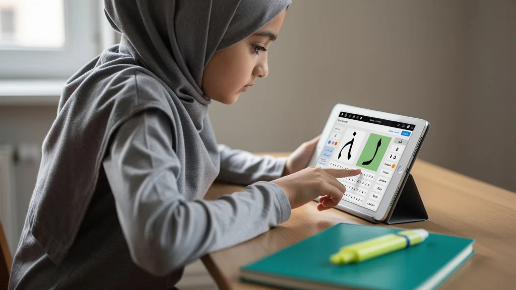 Click to manage / replace image A student carefully comparing two similar-looking Arabic letters on a tablet to master their differences.