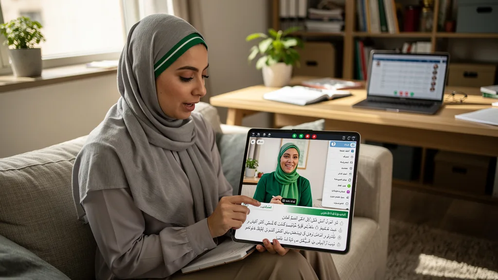 Click to manage / replace image A student participating in a free 30-minute trial for an online Arabic class.