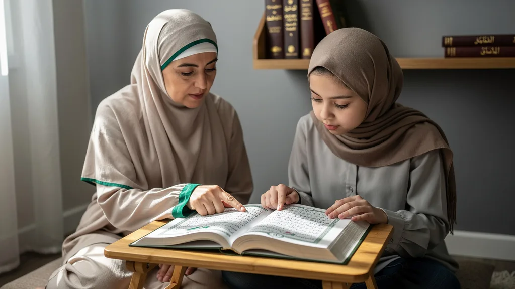 Click to manage / replace image A person using a smartphone app to listen to an expert Qari and improve their Quran recitation.