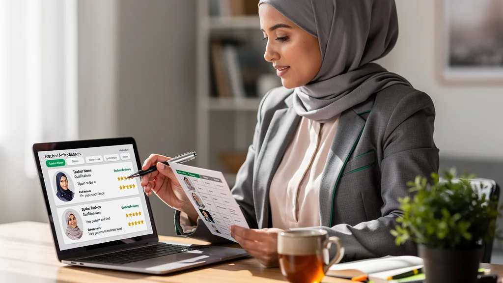 A woman comparing the profiles and qualifications of online female Quran teachers.