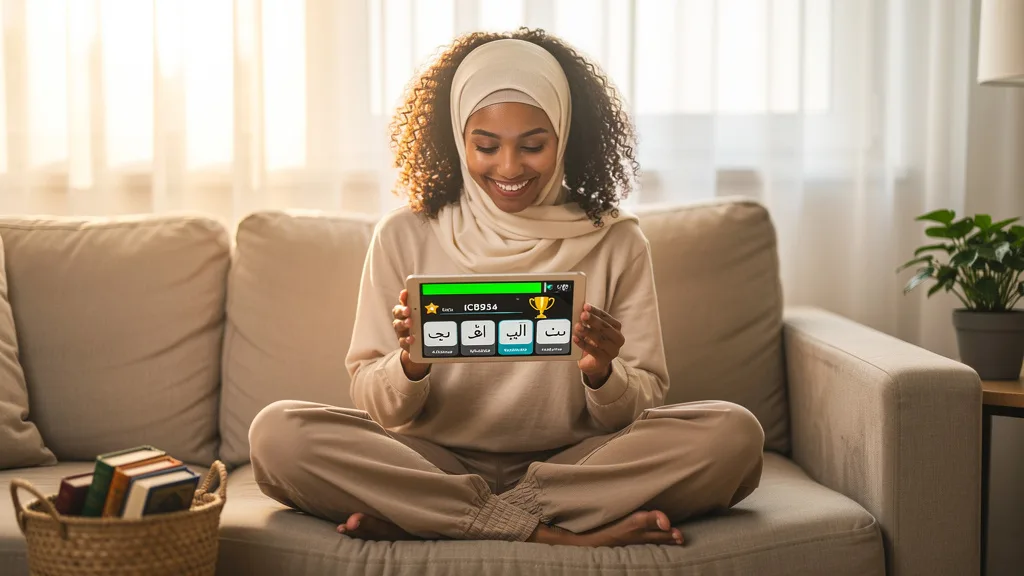 A student enjoying a gamified learning experience on a Quranic vocabulary app.