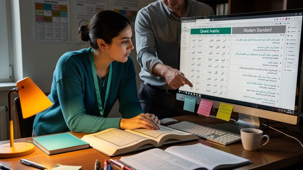 People doing real work about Quranic Arabic, with tools or a screen showing working data,